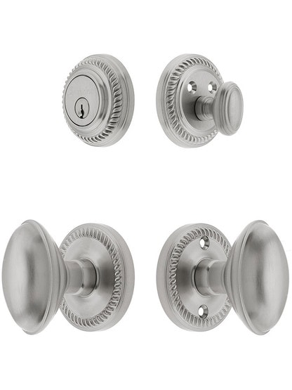 Grandeur Newport Entry Door Set, Keyed Alike with Oval Brass Knobs in Satin Nickel.